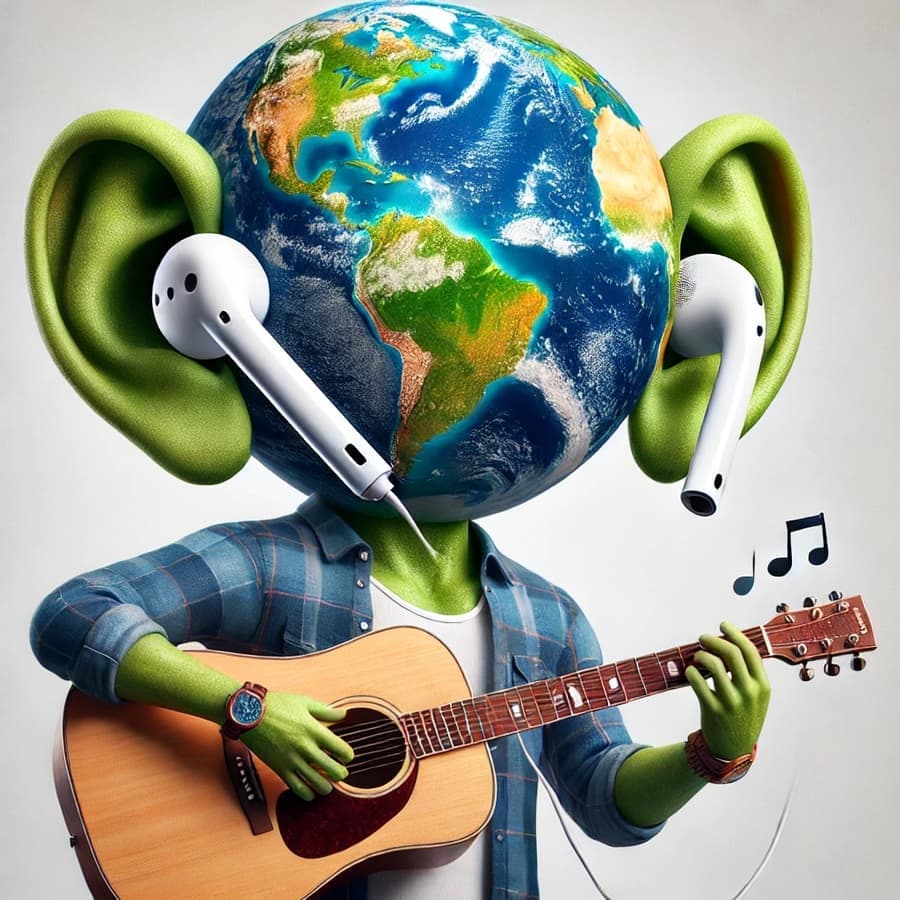 An Earth-headed musician playing guitar, wearing AirPods
