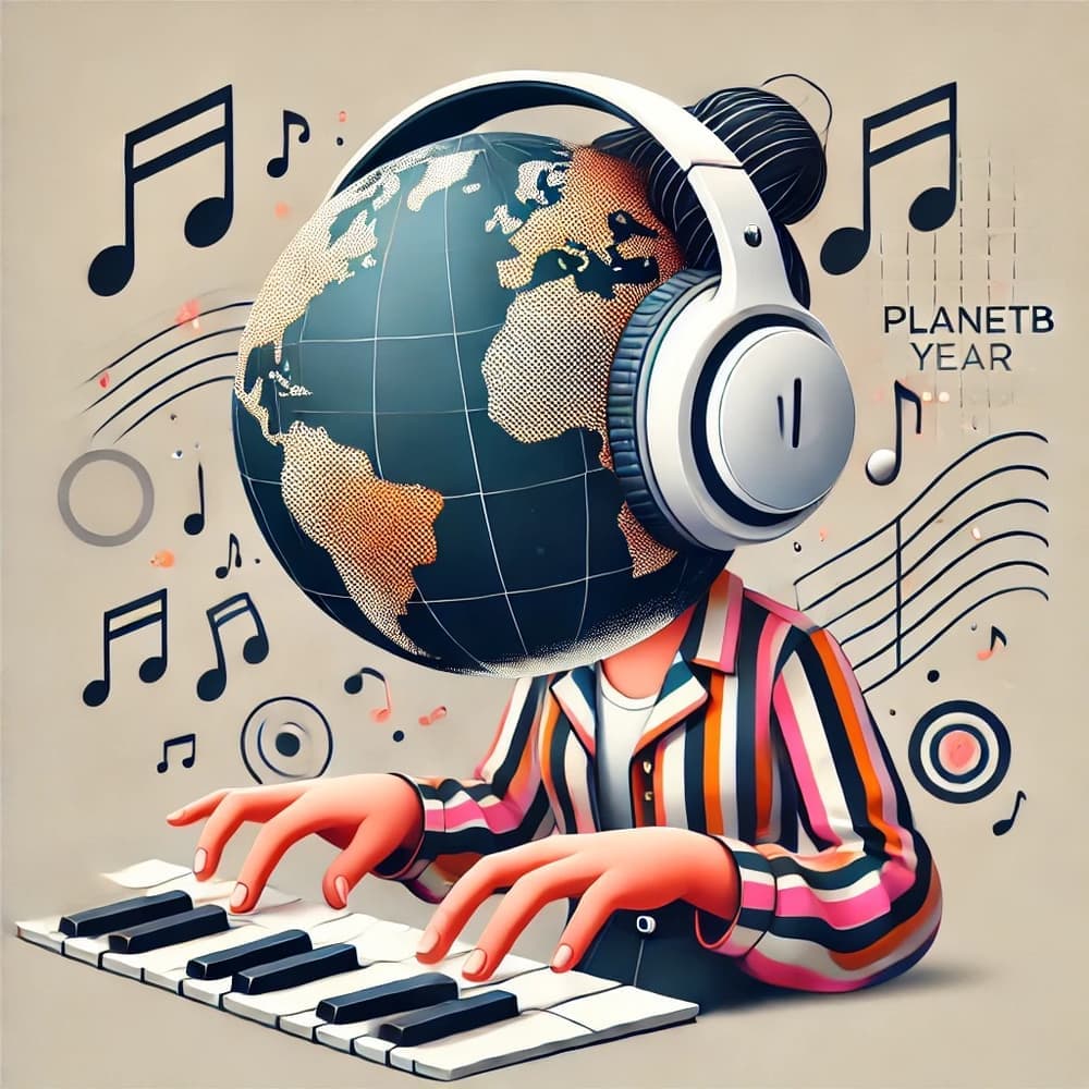 PlanetBYear artwork, a globe wearing headphones, playing piano